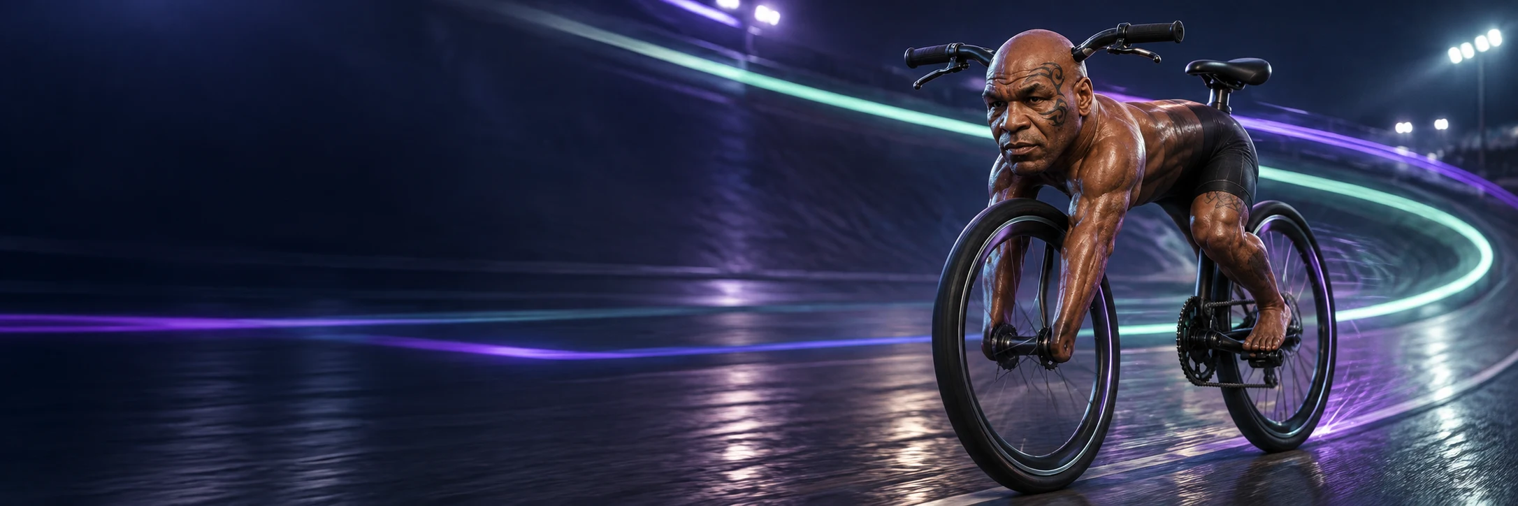 Bike Tyson riding through a luminous violet velodrome