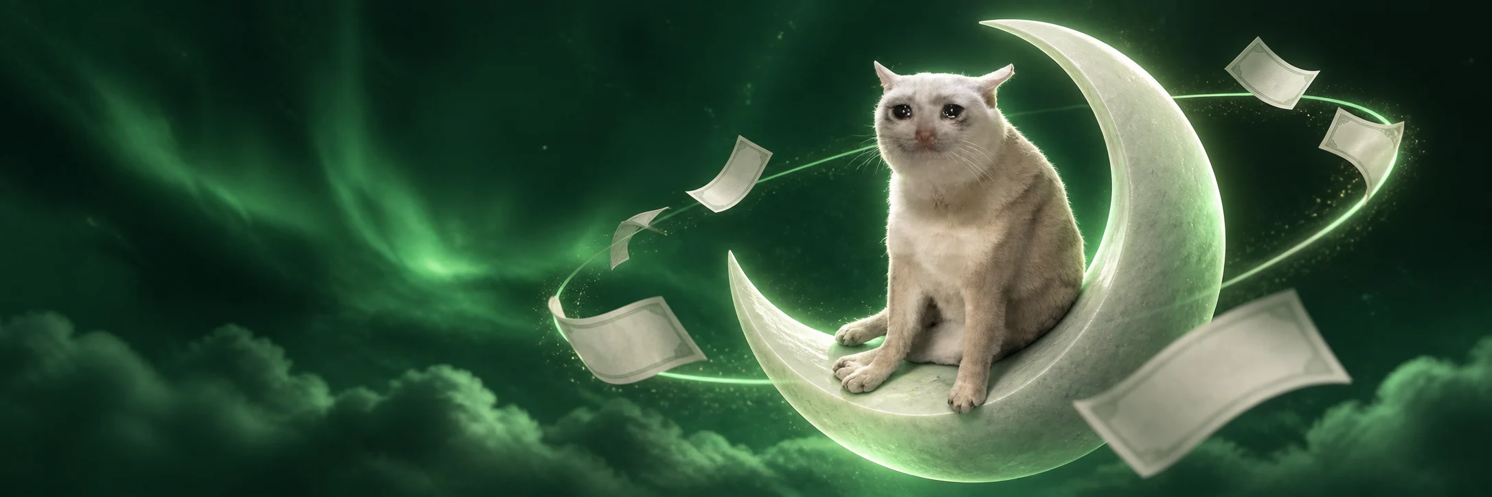 Cashcat sitting in a glowing green orbit